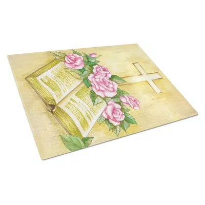 Caroline's Treasures Easter Cross And Bible With Roses Glass Cutting Board