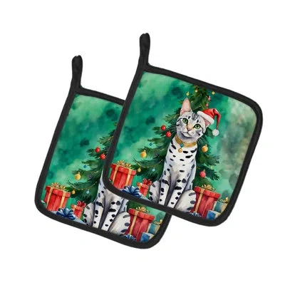 Caroline's Treasures Egyptian Mau Cat By The Christmas Tree Pair Of Pot Holders In Multicolor