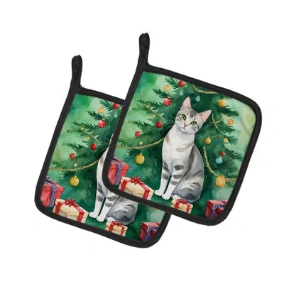 Caroline's Treasures European Shorthair Cat By The Christmas Tree Pair Of Pot Holders In Multicolor
