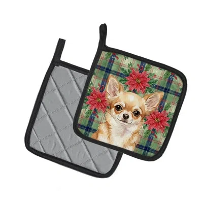 Caroline's Treasures Fawn Chihuahua Christmas Poinsettas Pair Of Pot Holders In Multicolor