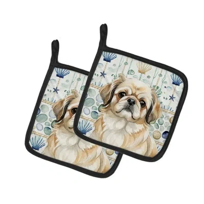 Caroline's Treasures Fawn Pekingese Coastal Sea Glass Pair Of Pot Holders In Multicolor