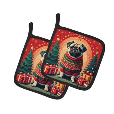 Caroline's Treasures Fawn Pug Christmas Pair Of Pot Holders In Multicolor