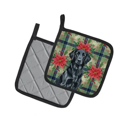 Caroline's Treasures Flat-coated Retriever Christmas Poinsettas Pair Of Pot Holders In Black
