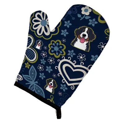 Caroline's Treasures Flowers Bernese Mountain Dog Oven Mitt In Blue;black;white