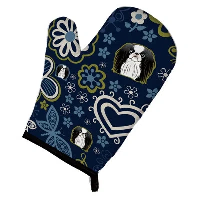 Caroline's Treasures Flowers Japanese Chin Oven Mitt In Blue;black;white