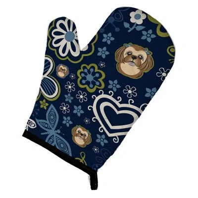 Caroline's Treasures Flowers Shih Tzu Oven Mitt In Blue,brown,tan