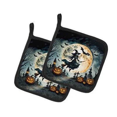 Caroline's Treasures Flying Witch Spooky Halloween Pair Of Pot Holders In Multicolor