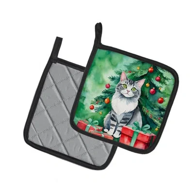 Caroline's Treasures Foldex Exotic Fold Cat By The Christmas Tree Pair Of Pot Holders In Multicolor