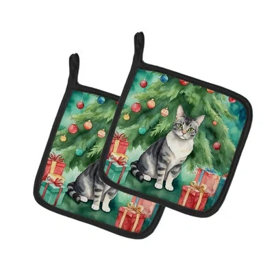 Caroline's Treasures German Rex Cat By The Christmas Tree Pair Of Pot Holders In Multicolor