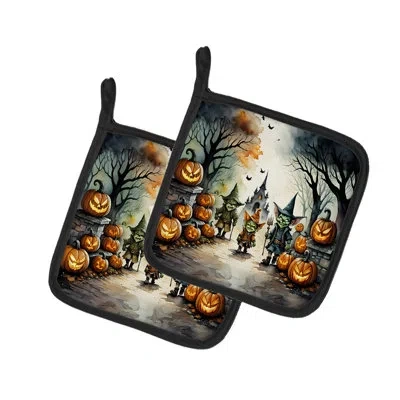 Caroline's Treasures Goblins Spooky Halloween Pair Of Pot Holders In Multicolor