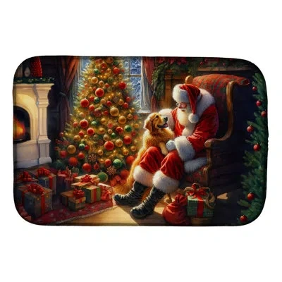Caroline's Treasures Golden Retriever And Santa Claus Dish Drying Mat In Natural