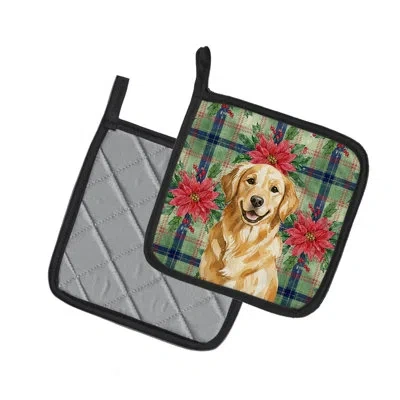 Caroline's Treasures Golden Retriever Christmas Poinsettas Pair Of Pot Holders In Multi