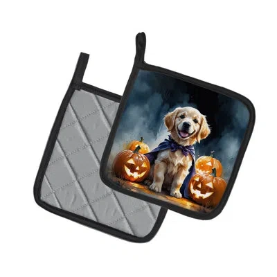 Caroline's Treasures Golden Retriever Puppy Halloween Pair Of Pot Holders In Multi