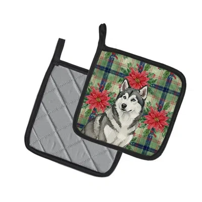Caroline's Treasures Gray And White Alaskan Malamute Christmas Poinsettas Pair Of Pot Holders In Multicolor