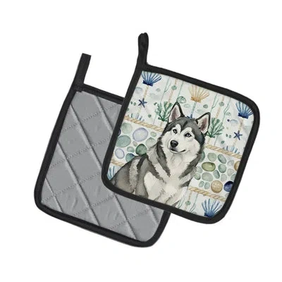 Caroline's Treasures Gray And White Alaskan Malamute Coastal Sea Glass Pair Of Pot Holders In Multicolor