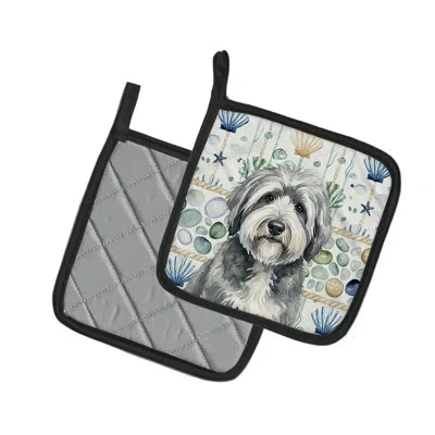 Caroline's Treasures Gray And White Old English Sheepdog Coastal Sea Glass Pair Of Pot Holders In Multicolor