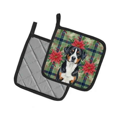 Caroline's Treasures Greater Swiss Mountain Dog Christmas Poinsettas Pair Of Pot Holders In Multicolor