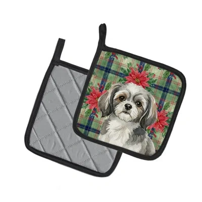 Caroline's Treasures Grey And White Tibetan Spaniel Christmas Poinsettas Pair Of Pot Holders In Multi