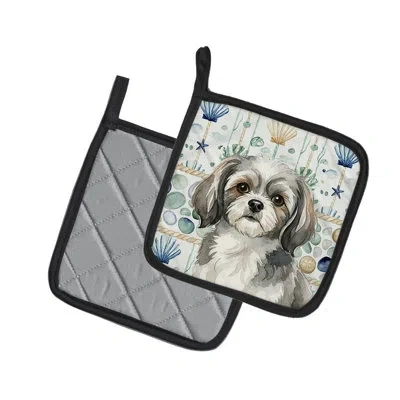 Caroline's Treasures Grey And White Tibetan Spaniel Coastal Sea Glass Pair Of Pot Holders In Multicolor