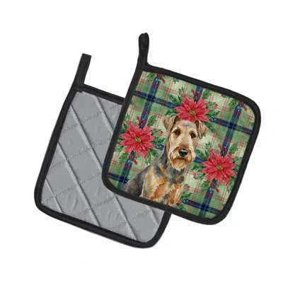 Caroline's Treasures Grizzle Airedale Terrier Christmas Poinsettas Pair Of Pot Holders In Multi
