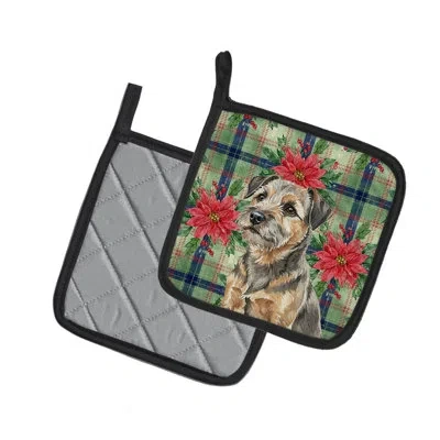 Caroline's Treasures Grizzle And Tan Border Terrier Christmas Poinsettas Pair Of Pot Holders In Multicolor