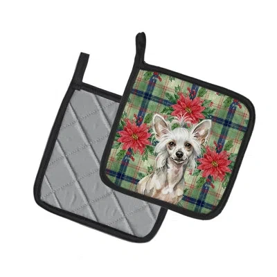 Caroline's Treasures Hairless Mottled Pattern Chinese Crested Christmas Poinsettas Pair Of Pot Holders In Multicolor