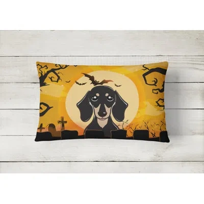 Caroline's Treasures Halloween Smooth Black And Tan Dachshund Fabric Indoor/outdoor Throw Pillow