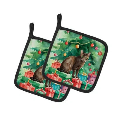 Caroline's Treasures Havana Brown Cat By The Christmas Tree Pair Of Pot Holders In Multicolor