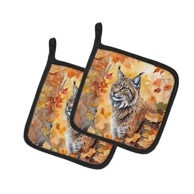 Caroline's Treasures Highlander Lynx Cat In Fall Leaves Pair Of Pot Holders In Multicolor