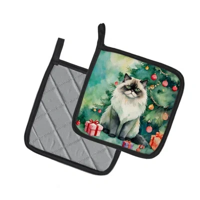 Caroline's Treasures Himalayan Cat By The Christmas Tree Pair Of Pot Holders In Multicolor