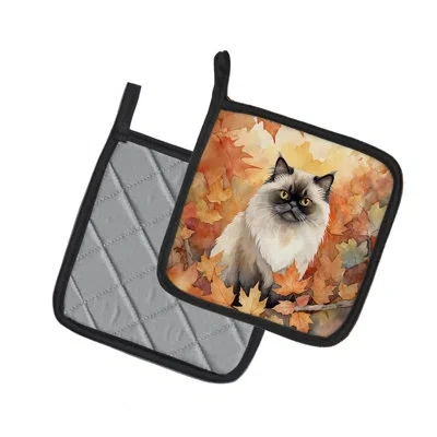 Caroline's Treasures Himalayan Cat In Fall Leaves Pair Of Pot Holders In Multicolor