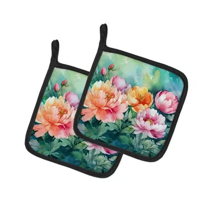 Caroline's Treasures Indiana Peonies In Watercolor Pair Of Pot Holders In Multi