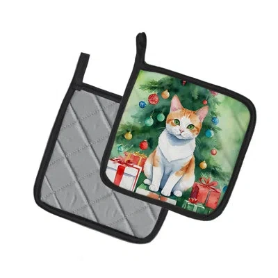 Caroline's Treasures Japanese Bobtail Cat By The Christmas Tree Pair Of Pot Holders In Multicolor