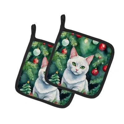 Caroline's Treasures Khao Manee Cat By The Christmas Tree Pair Of Pot Holders In Multicolor
