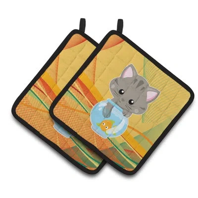 Caroline's Treasures Kitten In The Fish Bowl Potholder In Gray;yellow