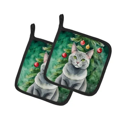 Caroline's Treasures Korat Cat By The Christmas Tree Pair Of Pot Holders In Multicolor
