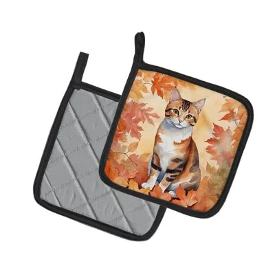 Caroline's Treasures Korean Bobtail Cat In Fall Leaves Pair Of Pot Holders In Multicolor