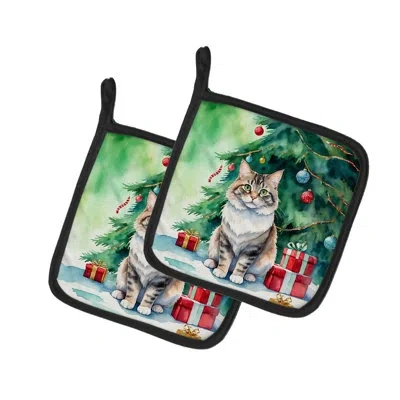 Caroline's Treasures Kurilian Bobtail Cat By The Christmas Tree Pair Of Pot Holders In Multicolor