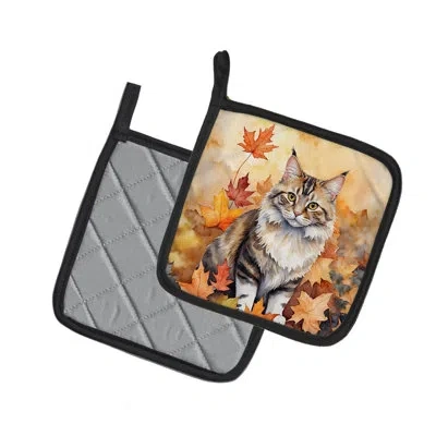 Caroline's Treasures Kurilian Bobtail Cat In Fall Leaves Pair Of Pot Holders In Multicolor