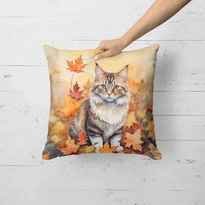 Caroline's Treasures Kurilian Bobtail Cat In Fall Leaves Throw Pillow In Multicolor