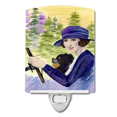Caroline's Treasures Lady Driving With Her Pomeranian Ceramic Night Light In Blue