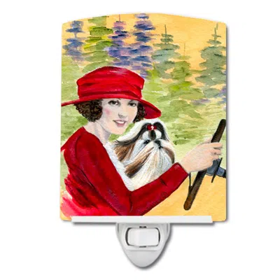 Caroline's Treasures Lady Driving With Her Shih Tzu Ceramic Night Light In Red