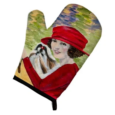 Caroline's Treasures Lady Driving With Her Shih Tzu Oven Mitt In Green;red
