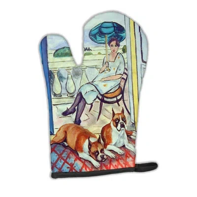 Caroline's Treasures Lady With Her Boxer Oven Mitt In Blue;beige