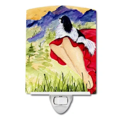 Caroline's Treasures Lady With Her Japanese Chin Ceramic Night Light In Green