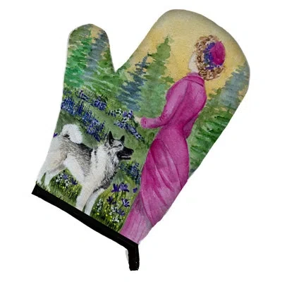 Caroline's Treasures Lady With Her Norwegian Elkhound Oven Mitt In Green;pink