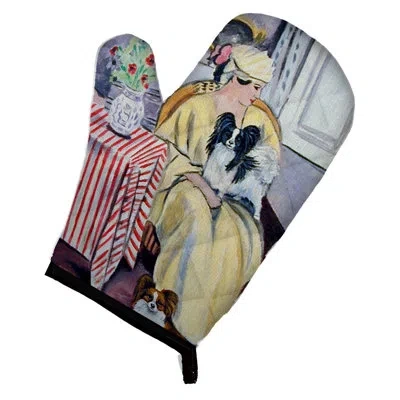 Caroline's Treasures Lady With Her Papillon Oven Mitt In Blue;yellow
