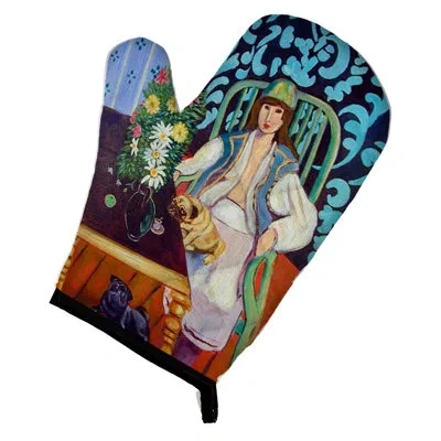 Caroline's Treasures Lady With Her Pug Oven Mitt In Blue;brown;green