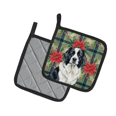 Caroline's Treasures Landseer Newfoundland Christmas Poinsettas Pair Of Pot Holders In Multicolor