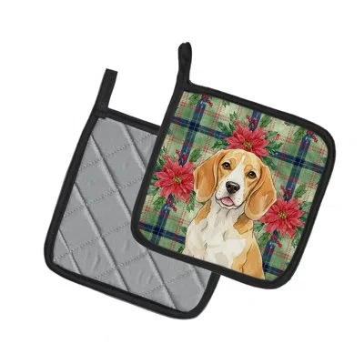 Caroline's Treasures Lemon And Beagle Christmas Poinsettas Pair Of Pot Holders In Multi